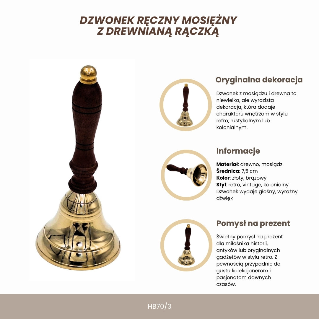 Dzwonek Ręczny Mosiężny z Drewnianą Rączką w Stylu Retro – Personalizowany Grawer, Idealny na Prezent – Wysokość 16 cm, Średnica 7,5 cm, Złoty i Brązowy