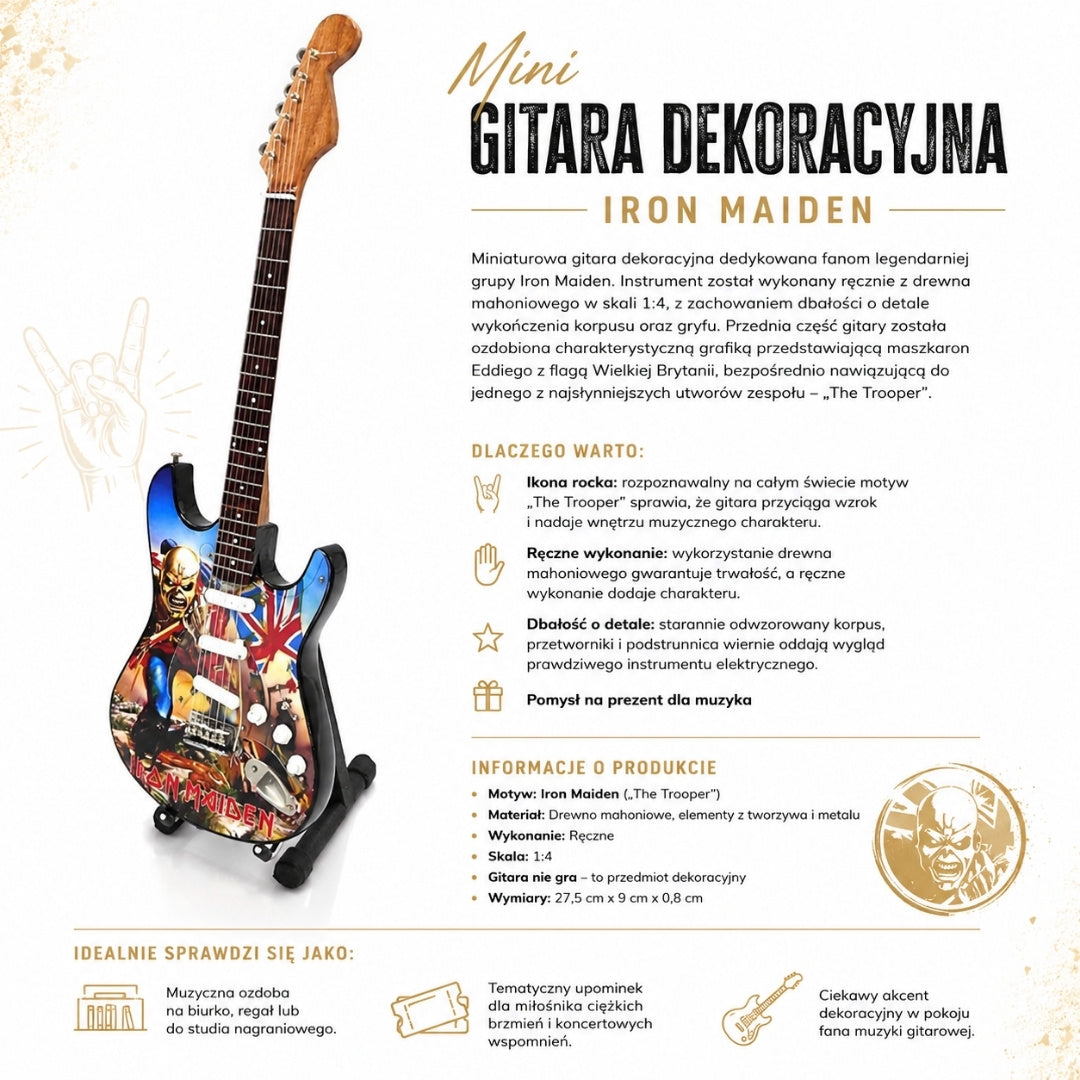Mini chitară decorativă Iron Maiden „The Trooper” din mahon - ornament realizat manual pentru fanii muzicii