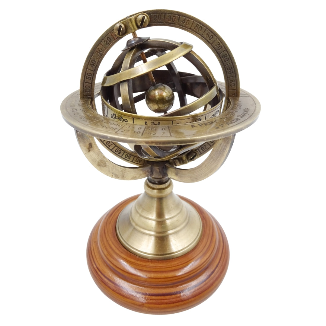 Astrolab din alamă de 14cm cu gravură - cadou unic pentru pasionații de astronomie, decorațiune elegantă din alamă și lemn în culoare aurie