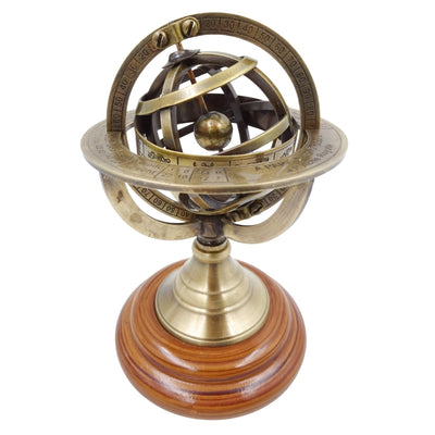 Astrolab din alamă de 14cm cu gravură - cadou unic pentru pasionații de astronomie, decorațiune elegantă din alamă și lemn în culoare aurie