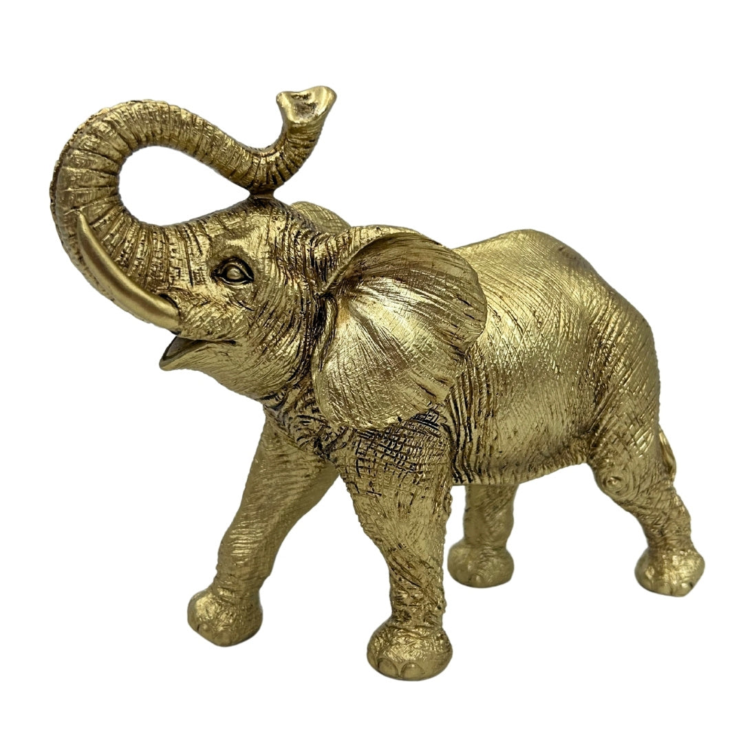 Elefant auriu cu trompa ridicată - Figurină decorativă elegantă cu posibilitate de personalizare prin gravură, ideală pentru cadou - Înălțime 20,5 cm, material polirășină