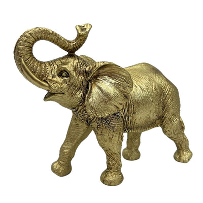 Elefant auriu cu trompa ridicată - Figurină decorativă elegantă cu posibilitate de personalizare prin gravură, ideală pentru cadou - Înălțime 20,5 cm, material polirășină