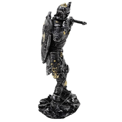 Figurină cavaler medieval cu arbaletă 20cm, cu posibilitate de personalizare prin gravură - decorațiune argintiu-aurie, cadou pentru iubitorii de istorie și fantasy - pictată manual din polirășină