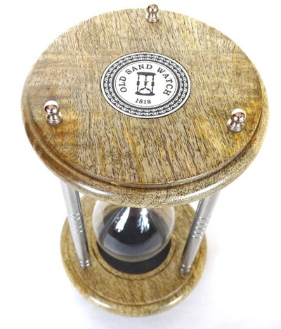 Clepsidră din alamă și lemn, 10 min, cu gravură - cadou elegant de culoare neagră, înălțime 25 cm, realizată din metal, sticlă și lemn de mango