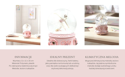 Tańcząca Baletnica w Szklanej Kuli 15cm z Personalizowanym Grawerem - Elegancka Pozytywka z Pastelową Podstawą i Melodią Jezioro Łabędzie