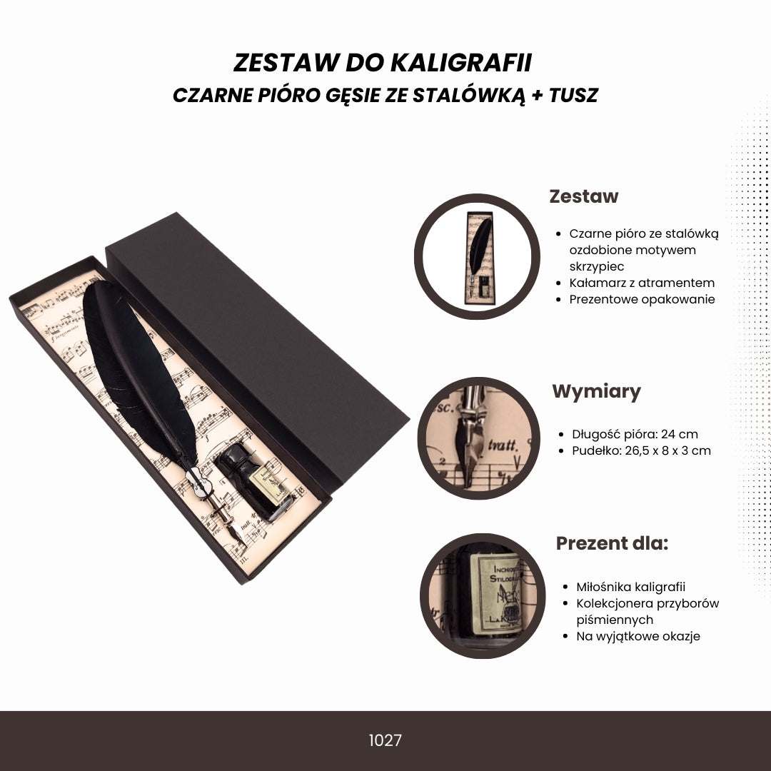 Set elegant de caligrafie cu pană de gâscă neagră cu peniță, cerneală și posibilitate de personalizare prin gravură
