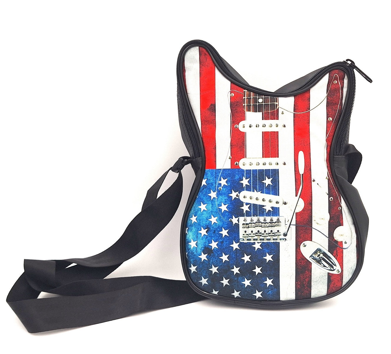 Geantă de umăr în formă de chitară cu steagul american – impermeabilă, cu curea reglabilă, posibilitate de personalizare prin gravură