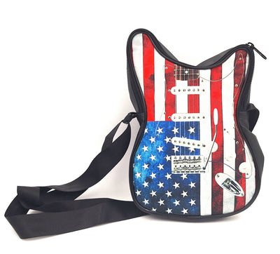 Geantă de umăr în formă de chitară cu steagul american – impermeabilă, cu curea reglabilă, posibilitate de personalizare prin gravură