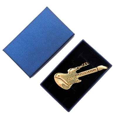 Breloc pentru chei din alamă în formă de chitară, cu posibilitate de personalizare prin gravură – cadou elegant pentru chitarist și iubitorul de muzică, 10 cm, cutie bleumarin