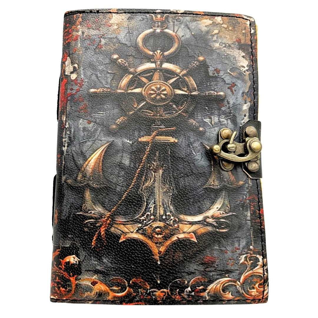 Jurnal din piele retro cu tematică marină, 200 de pagini, cu posibilitate de personalizare prin gravură, ideal ca dar pentru artiști și călători, realizat din piele naturală de capră, în culoare vintage, dimensiuni 18 x 13 cm
