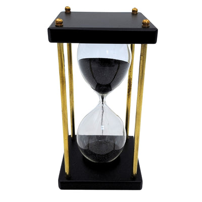 Clepsidră din alamă și lemn, 5 minute, cu nisip negru, cu posibilitate de personalizare prin gravură – decorațiune retro elegantă pentru cadou, cu înălțimea de 16 cm
