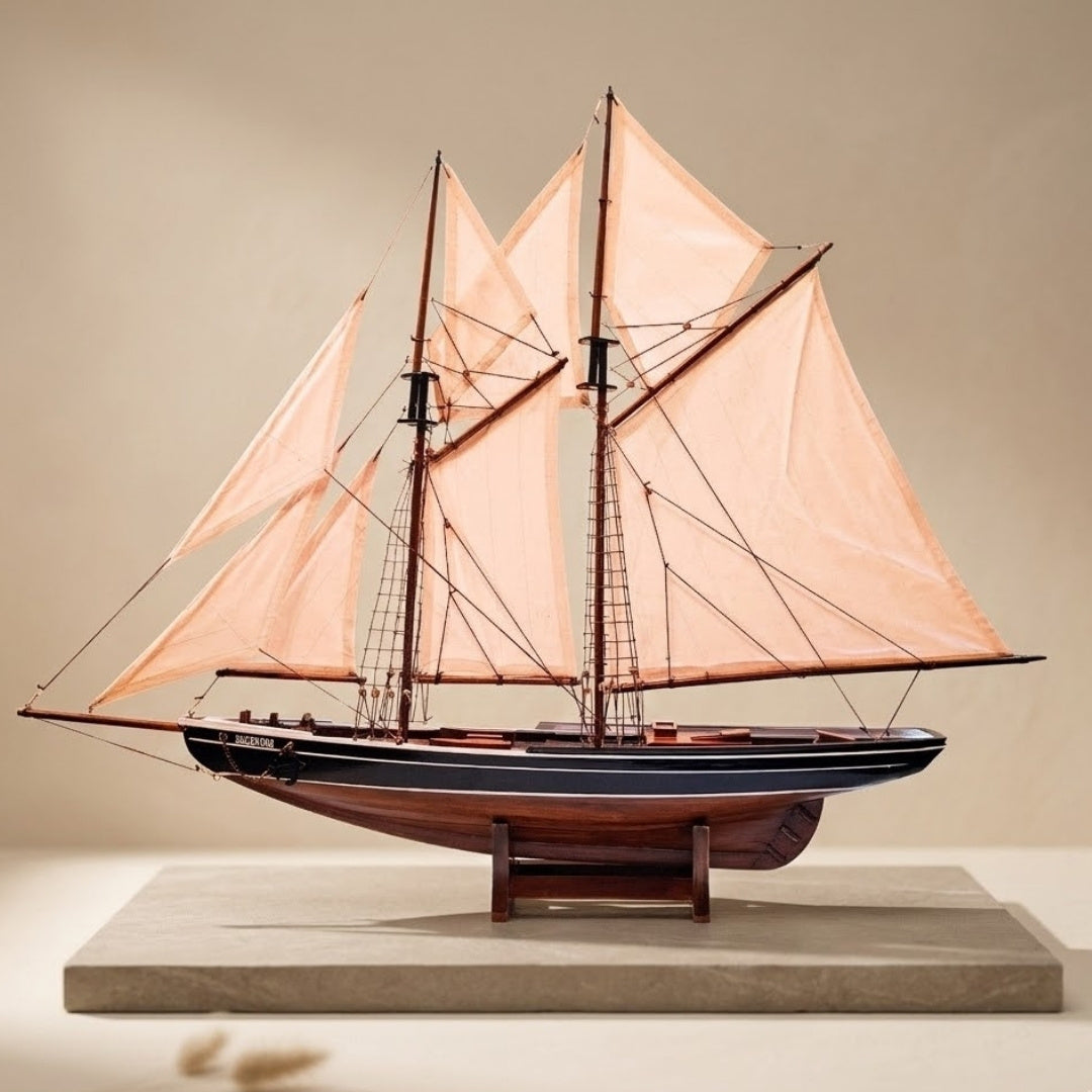 Model de goeletă Bluenose de 78 cm cu gravură - decorațiune marină elegantă din lemn, cadou pentru pasionații de navigație și istorie maritimă, cu vele naturale