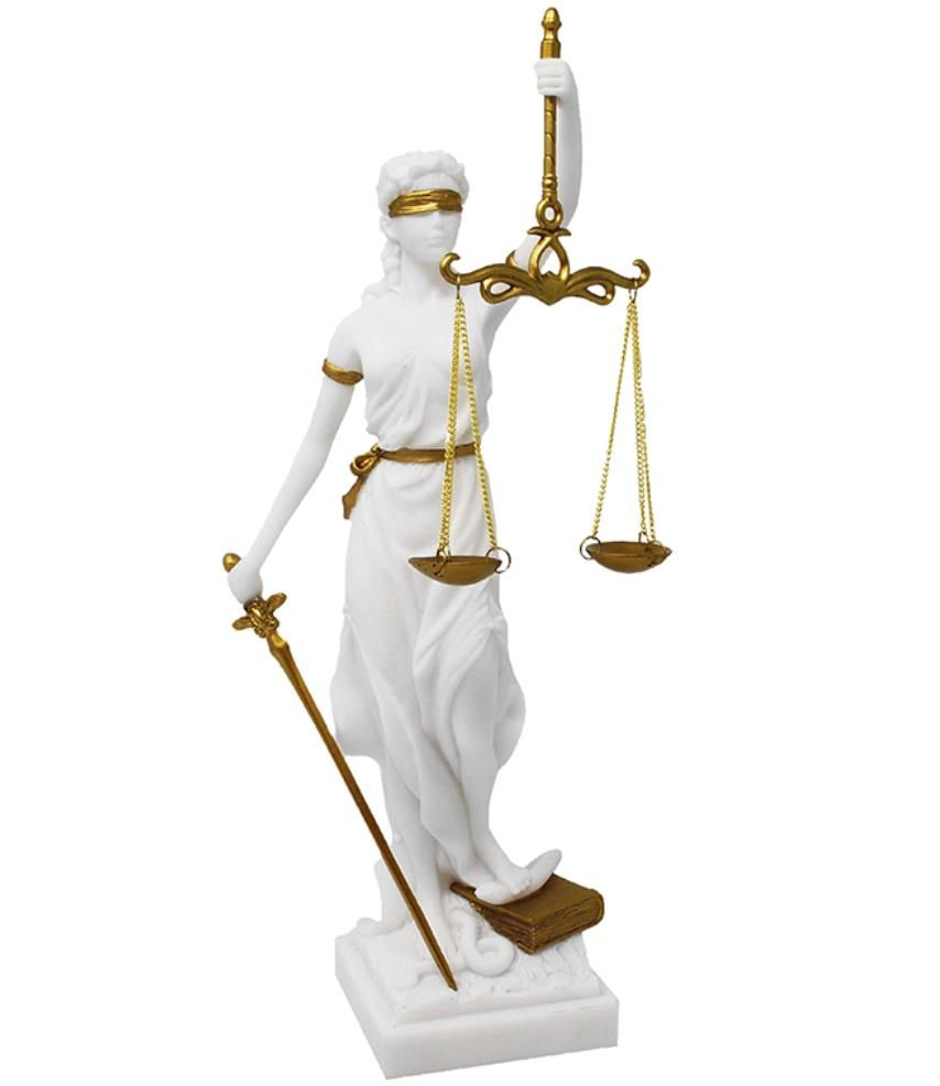 Figurină Themis cu posibilitate de personalizare prin gravură - cadou elegant pentru avocat, judecător sau student la drept, albă cu accente aurii, înălțime 35 cm, pictată manual, din polirășină