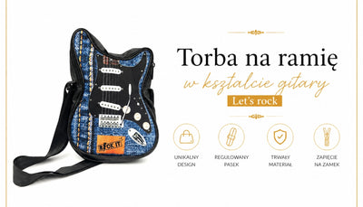 Geantă de umăr în formă de chitară Let’s Rock RBG-019, cu posibilitate de personalizare prin gravură, impermeabilă, ideală ca dar pentru un muzician, PVC 100% și poliester, dimensiuni 34 x 23 x 5 cm
