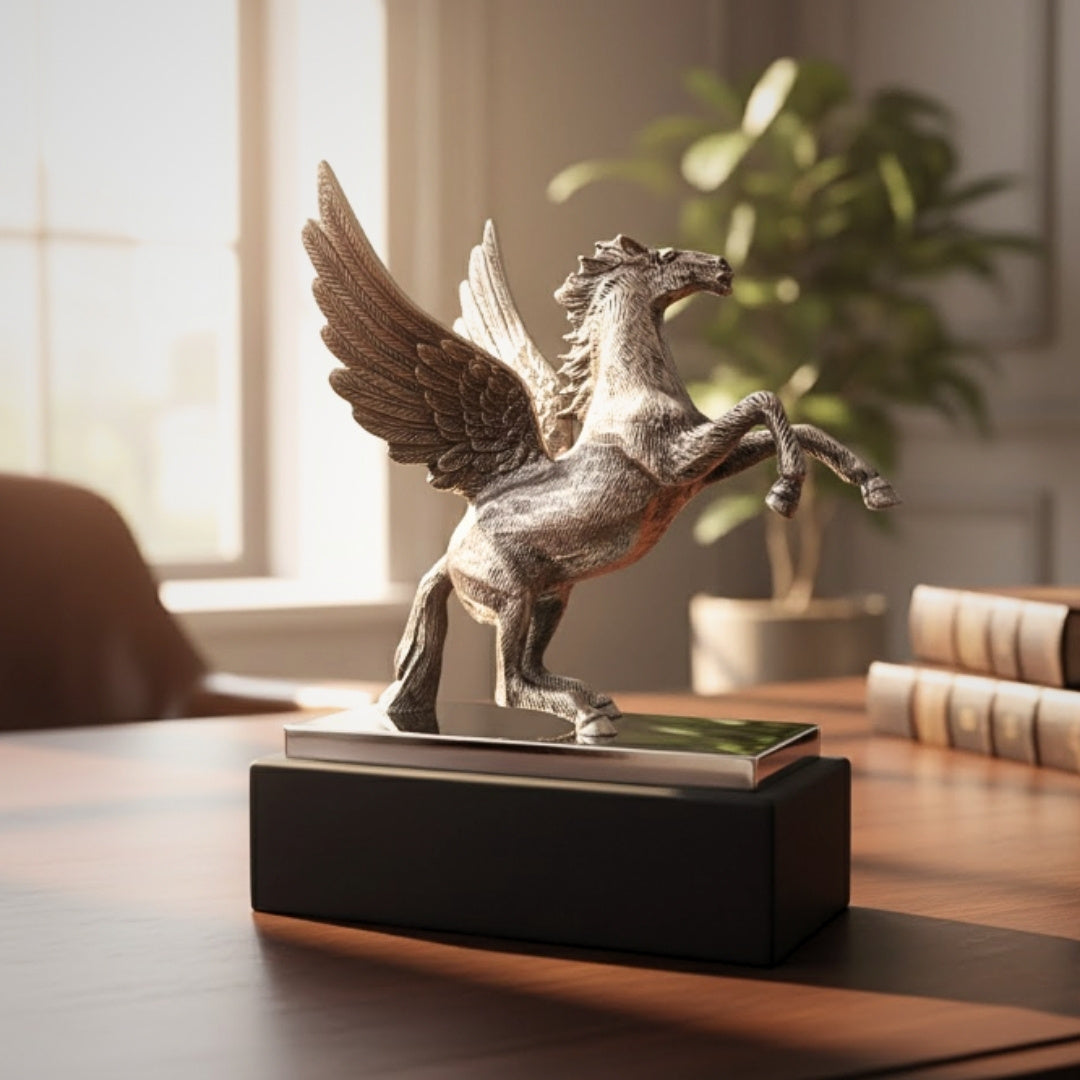 Figurka dekoracyjna Pegaz z aluminium na stalowo-drewnianej podstawie, personalizowany grawer, elegancki prezent dla miłośników mitologii greckiej, wysokość 36 cm, kolor srebrny z czarną podstawą