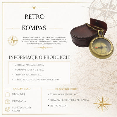 Stylowy Mosiężny Kompas z Łańcuszkiem w Skórzanym Etui
