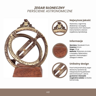 Zegar słoneczny H21 z pierścieniami astronomicznymi, personalizowany grawerem, elegancki prezent na biurko, wysokość 12 cm, mosiądz i znal