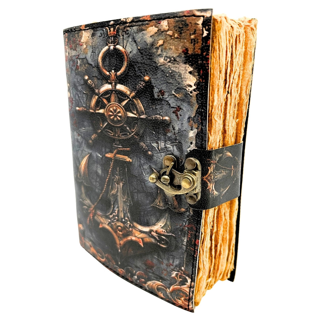 Jurnal din piele retro cu tematică marină, 200 de pagini, cu posibilitate de personalizare prin gravură, ideal ca dar pentru artiști și călători, realizat din piele naturală de capră, în culoare vintage, dimensiuni 18 x 13 cm