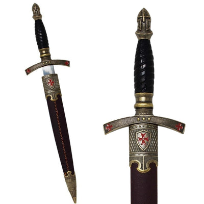 Pumnal templier decorativ în teacă, cu gravură – replică din oțel inoxidabil, 40 cm