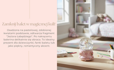 Tańcząca Baletnica w Szklanej Kuli 15cm z Personalizowanym Grawerem - Elegancka Pozytywka z Pastelową Podstawą i Melodią Jezioro Łabędzie