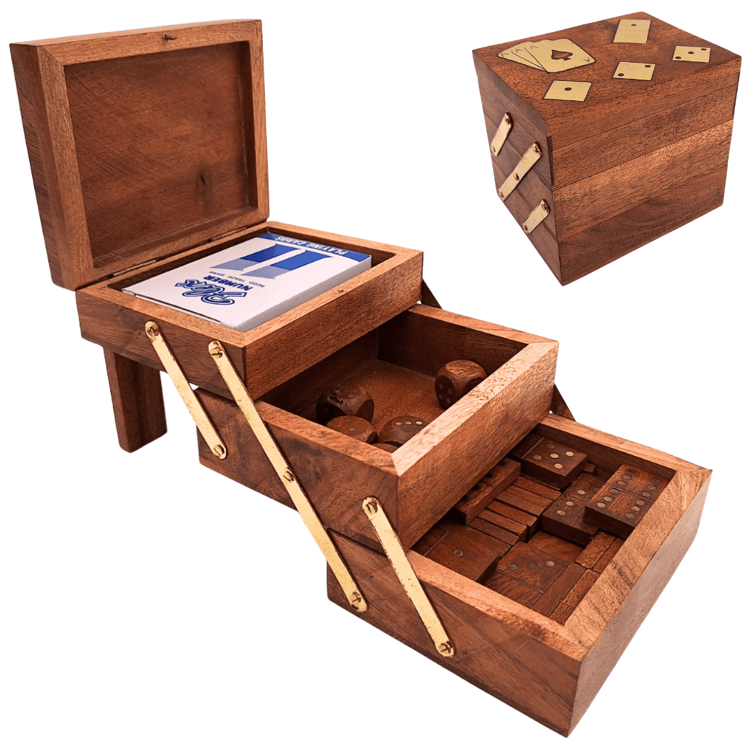 Set elegant de jocuri 3în1 cu gravură personalizată - cărți, zaruri, domino în cutie de lemn cu ornamente din alamă - cadou ideal pentru iubitorii de jocuri - dimensiuni 12 x 9,5 x 10,5 cm