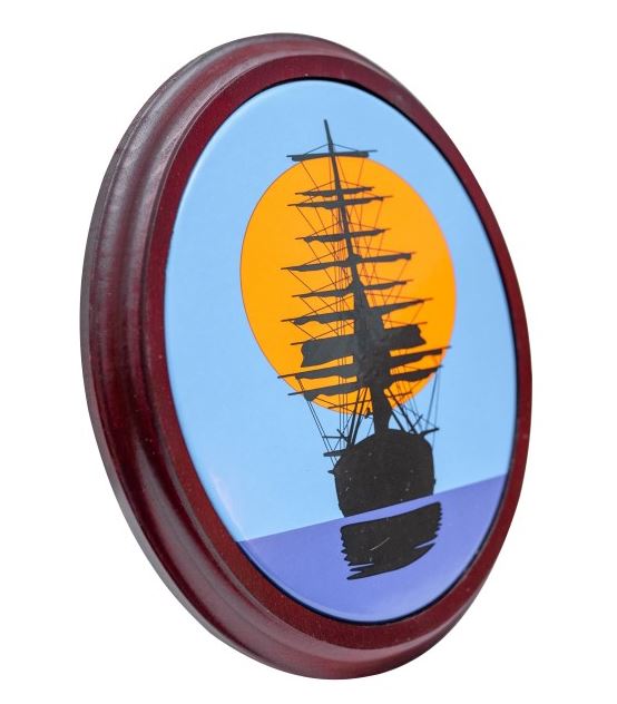 Tablou Velier la apus - ramă din lemn - placă emailată - decorațiune marină