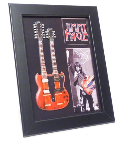Mini chitară double neck în stil Jimmy Page FMG-011, cu posibilitate de personalizare prin gravură, ideală ca dar - ramă din lemn 1,3cm x 16cm x 21,4cm, structură din oțel