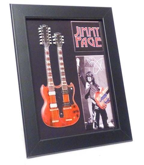 Mini chitară double neck în stil Jimmy Page FMG-011, cu posibilitate de personalizare prin gravură, ideală ca dar - ramă din lemn 1,3cm x 16cm x 21,4cm, structură din oțel