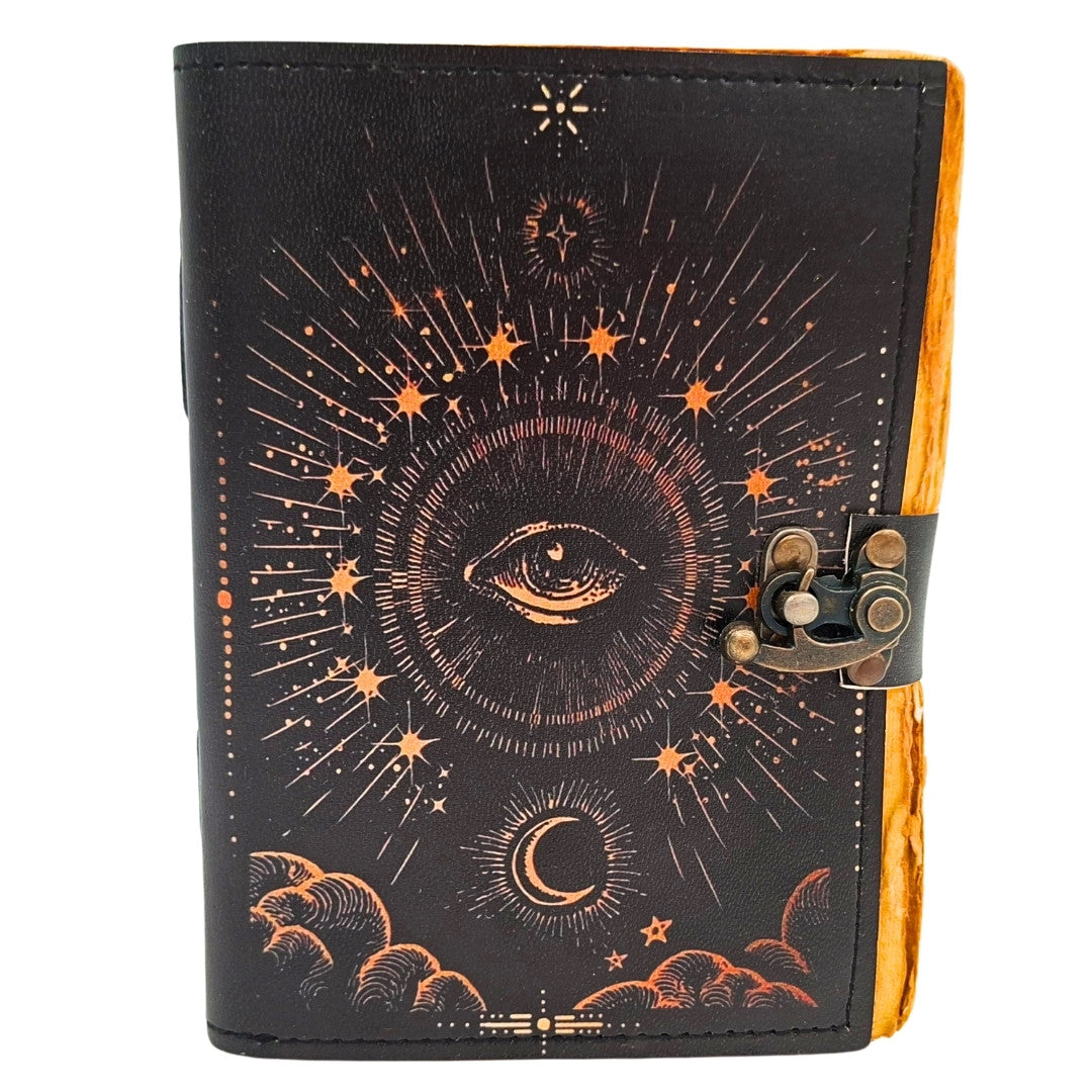 Jurnal Ochiul Cosmic cu gravură - jurnal retro din piele, cu 200 de pagini de hârtie galbenă și piele de capră