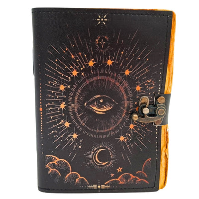 Jurnal Ochiul Cosmic cu gravură - jurnal retro din piele, cu 200 de pagini de hârtie galbenă și piele de capră