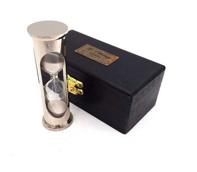 Clepsidră retro din alamă cu cutie din lemn - Gravură personalizată - Cadou ideal de 1 minut - Înălțime 8,5 cm - Decorațiune elegantă pentru birou
