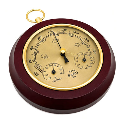 Stație meteo 3 în 1 YG386 cu gravură - termometru, barometru și higrometru elegant în carcasă rotundă din lemn