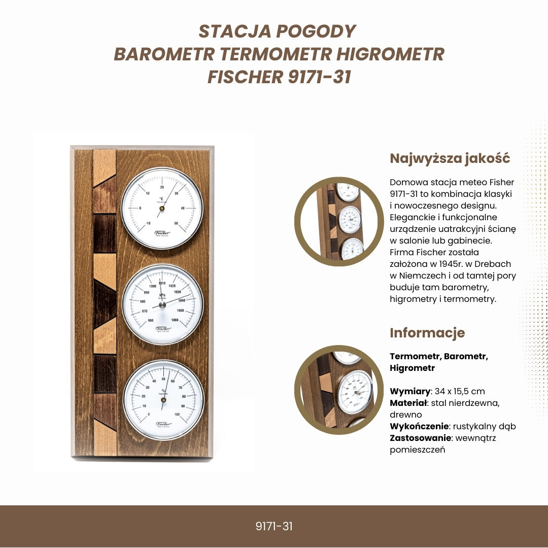 Stație meteo Fischer 9171-31 cu barometru, higrometru și termometru pe bază din lemn, cu opțiune de personalizare prin gravură