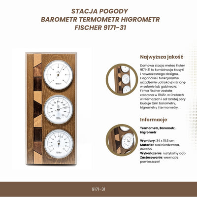 Stație meteo Fischer 9171-31 cu barometru, higrometru și termometru pe bază din lemn, cu opțiune de personalizare prin gravură