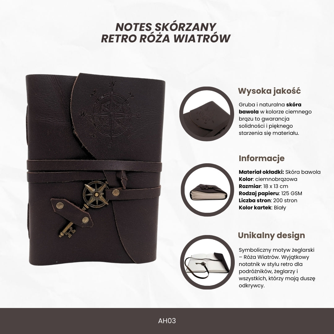Notatnik Skórzany Retro Róża Wiatrów 200 stron z możliwością personalizacji grawerem