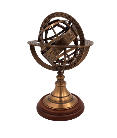 Astrolabium mosiężne 21 cm z drewnianą podstawą - Personalizowany prezent dla miłośników astronomii w kolorze złotym