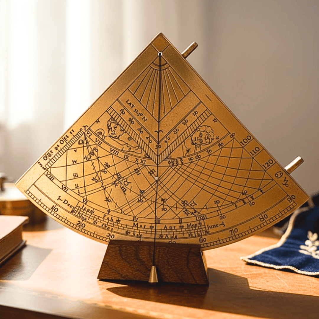 Cadran solar Gunter H39 din alamă, cu bază din lemn, posibilitate de personalizare prin gravură, cadou ideal pentru pasionații de astronomie, înălțime 17 cm, ambalaj de cadou elegant