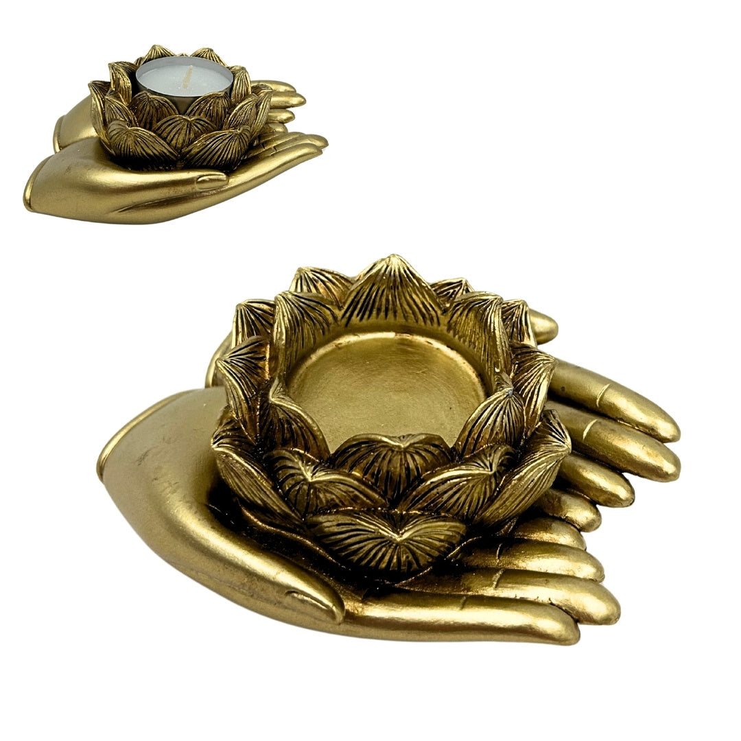 Sfeșnic auriu glamour pentru lumânare tip tealight, cu posibilitate de personalizare prin gravură – Element decorativ elegant pentru interior, cu dimensiunile 11,5 x 9,4 x 4,8 cm, din polirășină