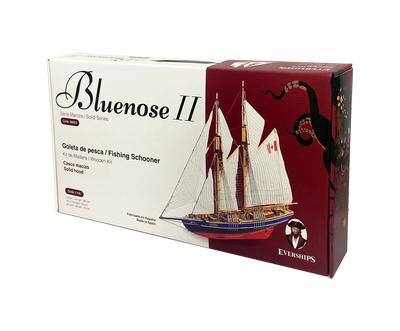 Model de asamblat Bluenose II – goeletă din lemn 38x31x6,5 cm, cu posibilitate de personalizare prin gravură – cadou ideal pentru un navigator, realizat din materiale naturale, nivel de dificultate: intermediar