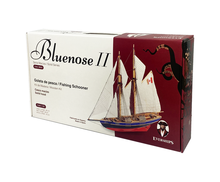Model de asamblat Bluenose II – goeletă din lemn 38x31x6,5 cm, cu posibilitate de personalizare prin gravură – cadou ideal pentru un navigator, realizat din materiale naturale, nivel de dificultate: intermediar