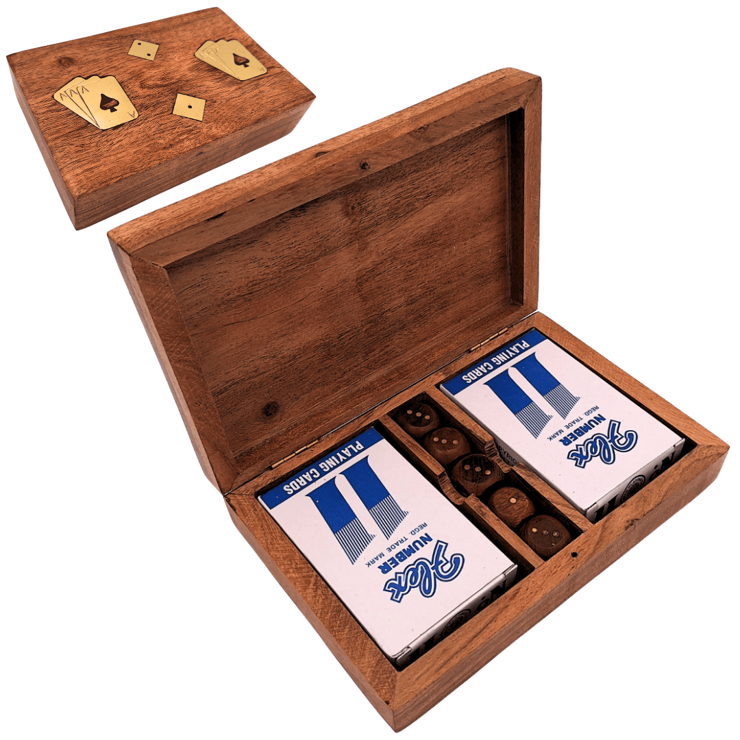 Set elegant de jocuri de cărți și zaruri în cutie de lemn cu ornamente din alamă