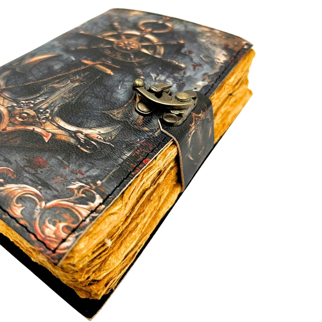 Jurnal din piele retro cu tematică marină, 200 de pagini, cu posibilitate de personalizare prin gravură, ideal ca dar pentru artiști și călători, realizat din piele naturală de capră, în culoare vintage, dimensiuni 18 x 13 cm