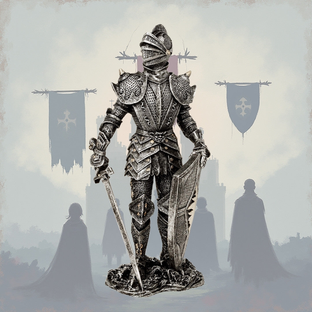 Figurină decorativă cavaler în armură argintie 30 cm, cu posibilitate de personalizare prin gravură - cadou elegant pentru iubitorii de istorie și fantasy, pictată manual, din polirășină