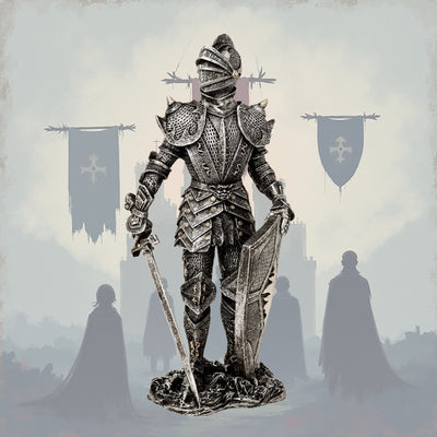 Figurină decorativă cavaler în armură argintie 30 cm, cu posibilitate de personalizare prin gravură - cadou elegant pentru iubitorii de istorie și fantasy, pictată manual, din polirășină