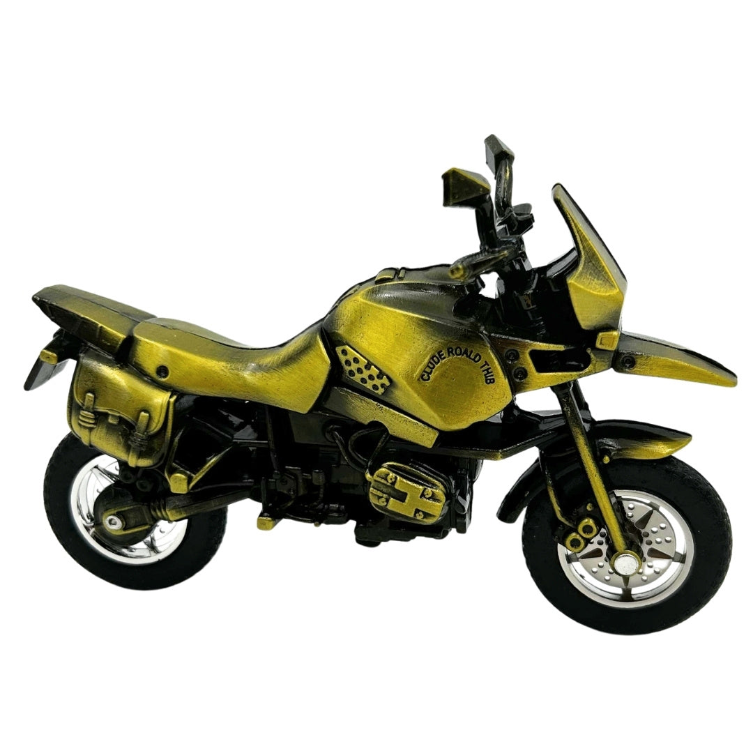 Model de motocicletă metalică HJ1 în culoare verde închis, cu posibilitate de personalizare prin gravură