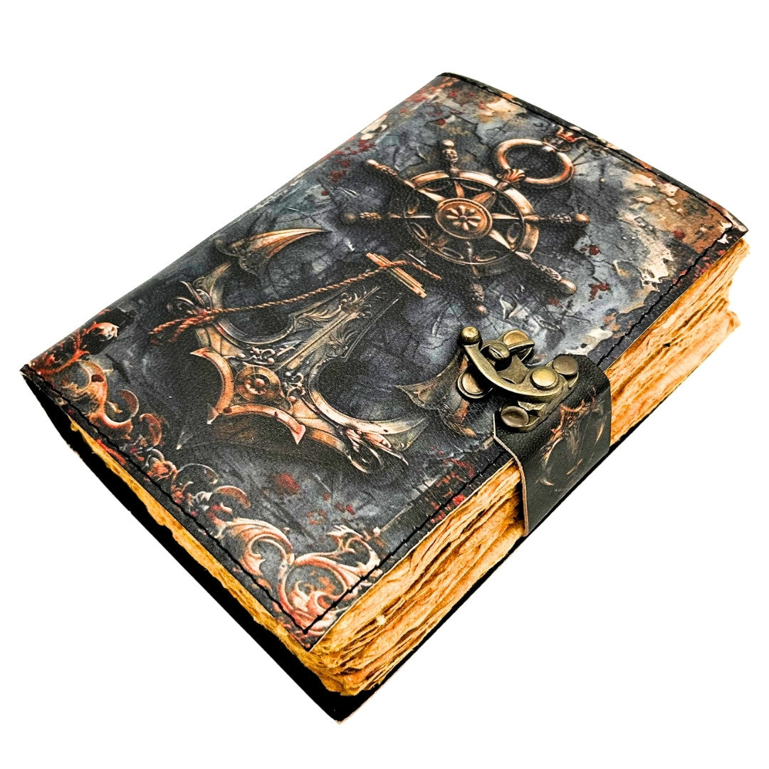 Jurnal din piele retro cu tematică marină, 200 de pagini, cu posibilitate de personalizare prin gravură, ideal ca dar pentru artiști și călători, realizat din piele naturală de capră, în culoare vintage, dimensiuni 18 x 13 cm