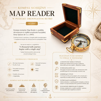 Busolă din alamă Map Reader cu gravură, în cutie din lemn, retro