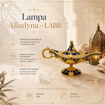 Lampa lui Aladin LABB cu ornamente metalice de culoare aurie, albastru marin închis, 22 x 7 x 11 cm