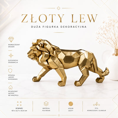 Figurină mare Leu auriu, 43cm, cu posibilitate de personalizare prin gravură - ornament elegant pentru cadou, polirășină de înaltă calitate, stil glamour modern
