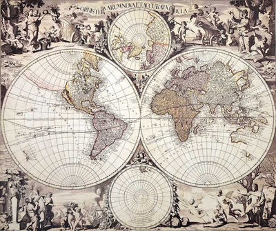Harta lumii 1686r. - reprint G. Valck cu posibilitate de personalizare prin gravură - cadou ideal pentru istorici și călători - dimensiuni 56,5 x 47,5 cm